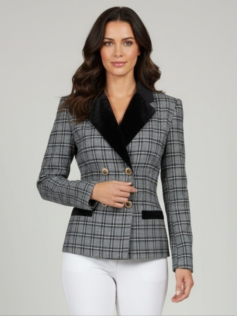 Leslie Fay Vintage Gray Plaid Black Velvet Collar Double Breasted Blazer Jacket